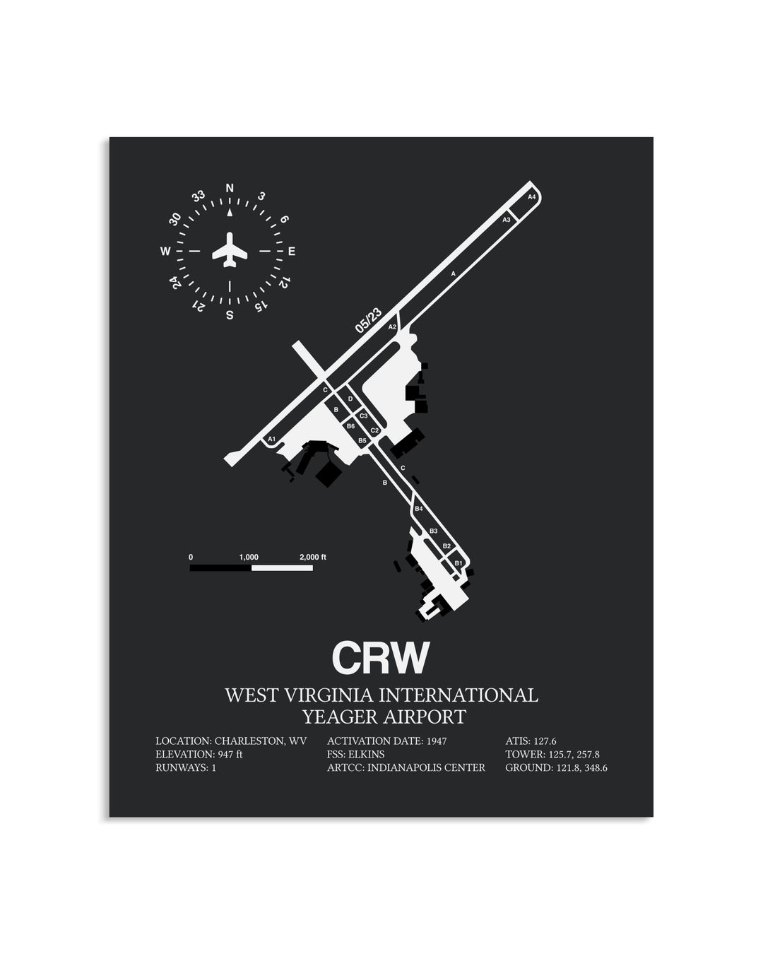 Gray Framed West Virginia International Yeager Airport layout wall art poster