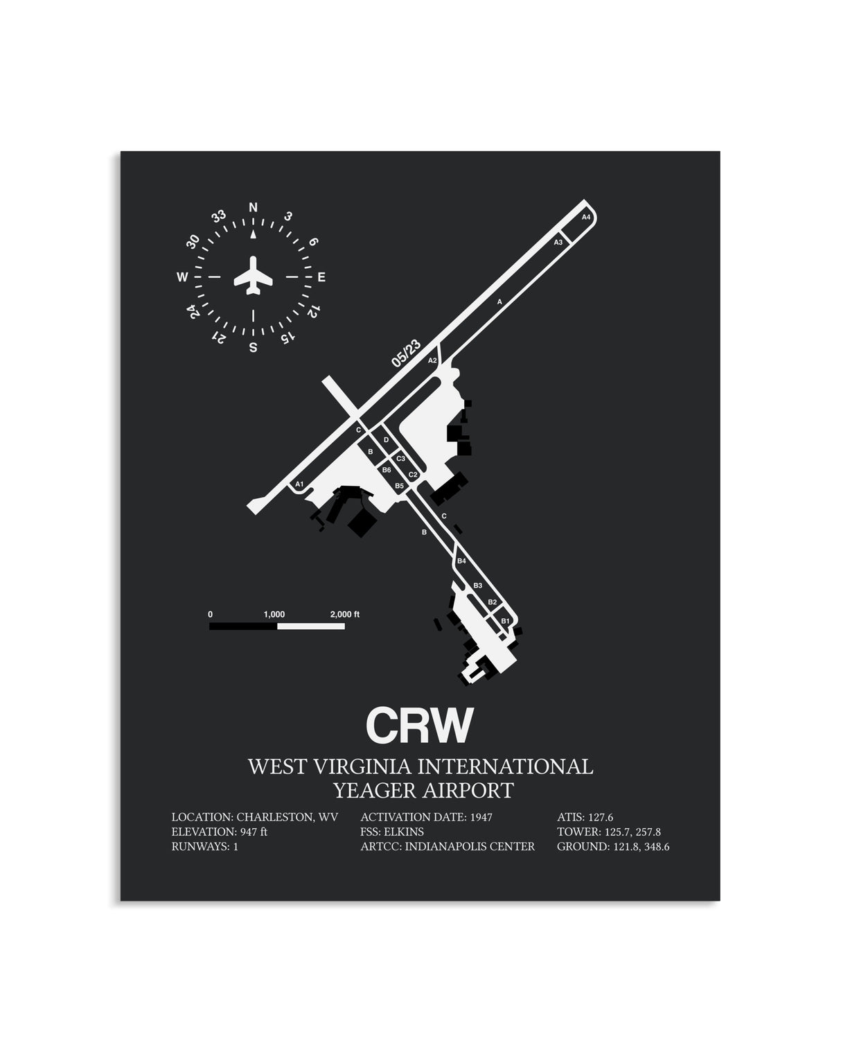Gray Framed West Virginia International Yeager Airport layout wall art poster