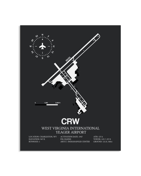 Gray Framed West Virginia International Yeager Airport layout wall art poster