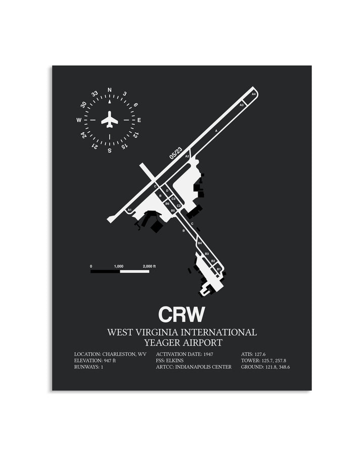 Gray Framed West Virginia International Yeager Airport layout wall art poster