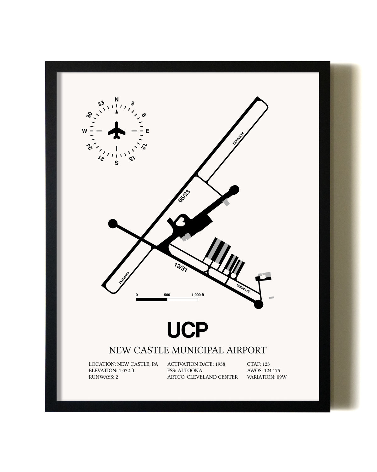 Framed New Castle Municipal Airport wall art poster in black frame