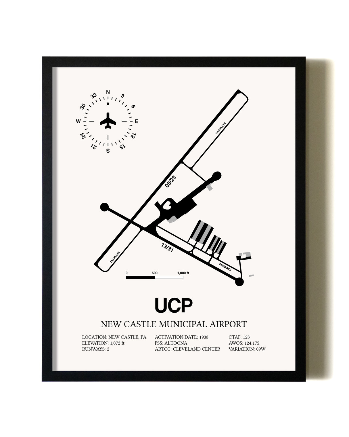 Framed New Castle Municipal Airport wall art poster in black frame