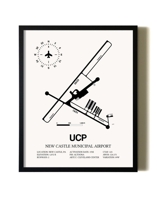 Framed New Castle Municipal Airport wall art poster in black frame