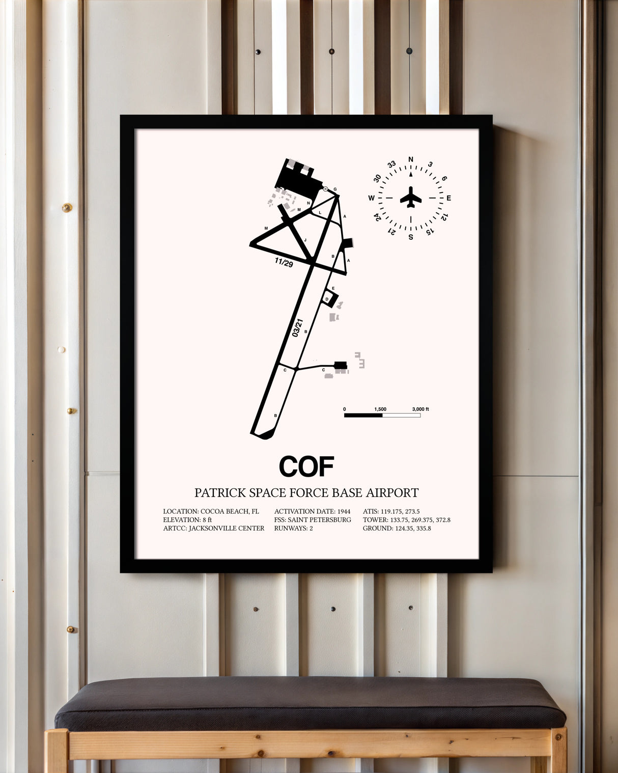 Patrick Space Force Base Airport framed poster displayed in an airplane hangar