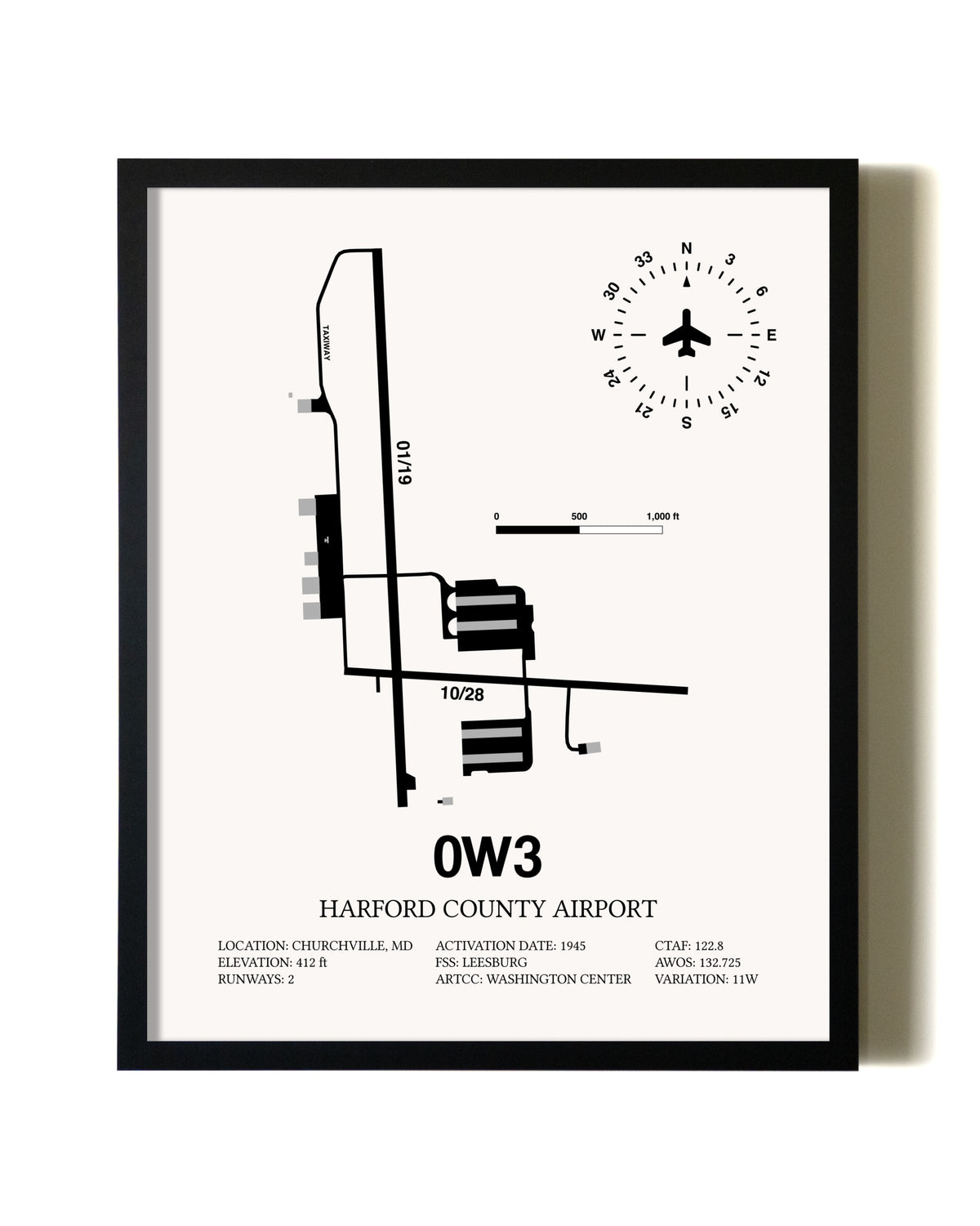 Framed Harford County Airport wall art poster in black frame