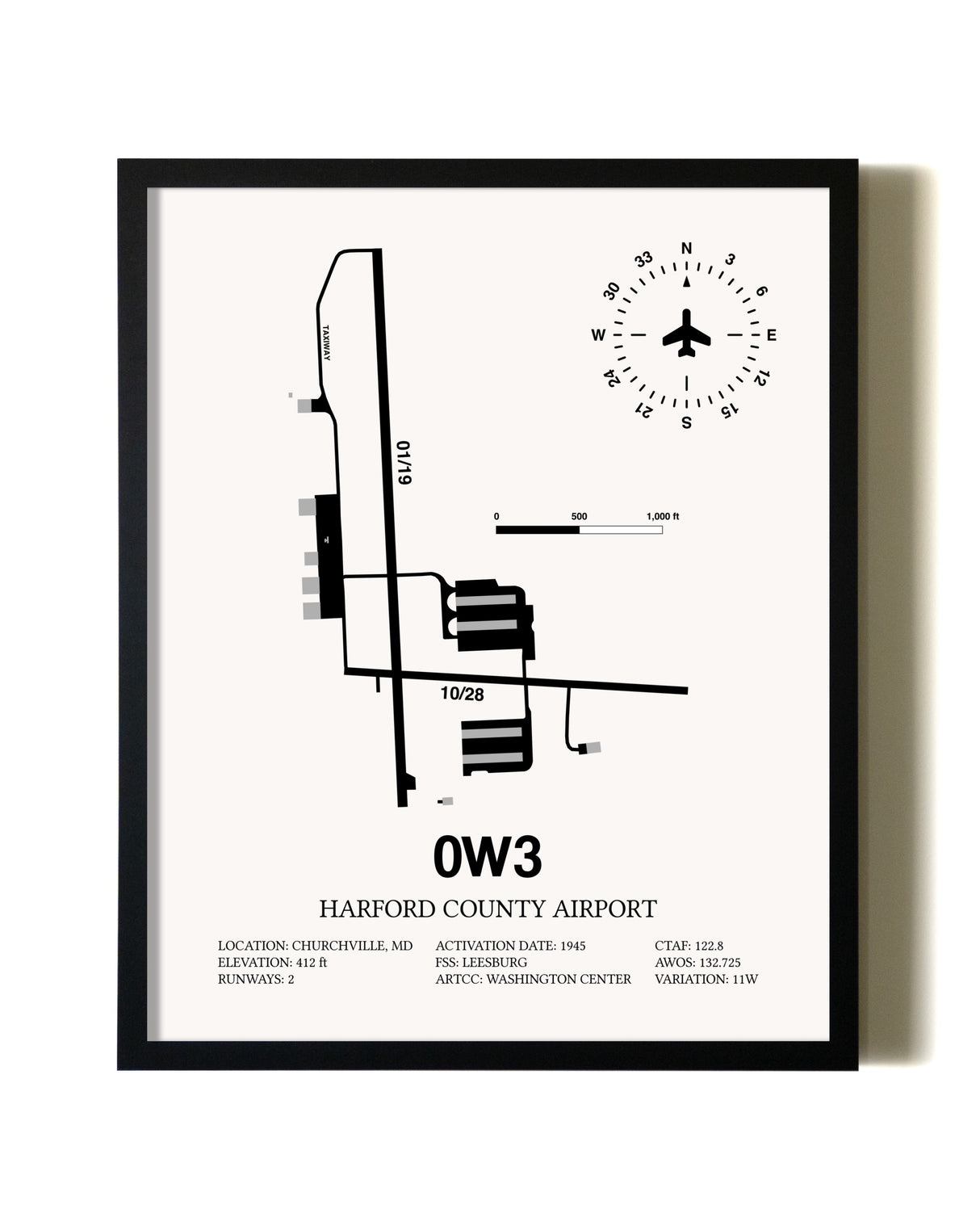 Framed Harford County Airport wall art poster in black frame