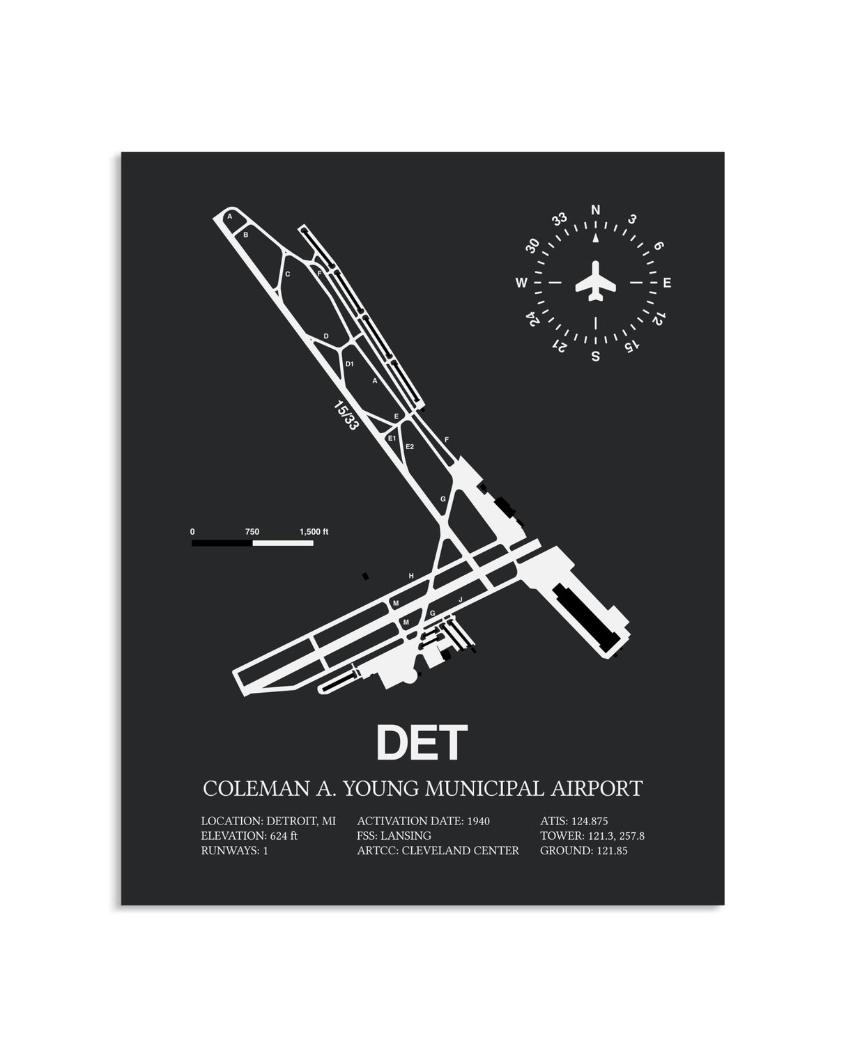 Gray Framed Coleman A. Young Municipal Airport layout wall art poster