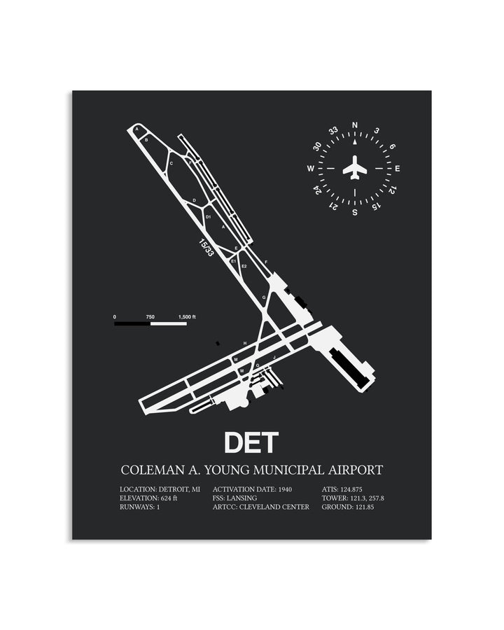 Gray Framed Coleman A. Young Municipal Airport layout wall art poster