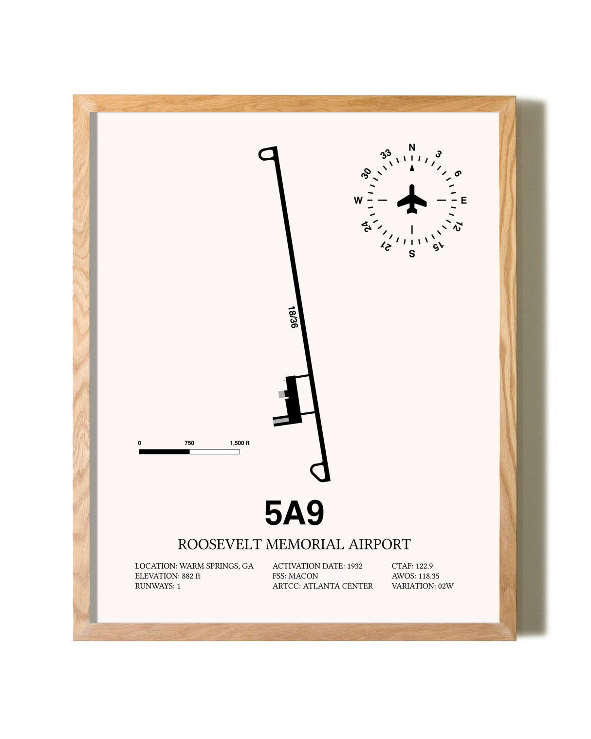Roosevelt Memorial Airport framed print in natural wood frame