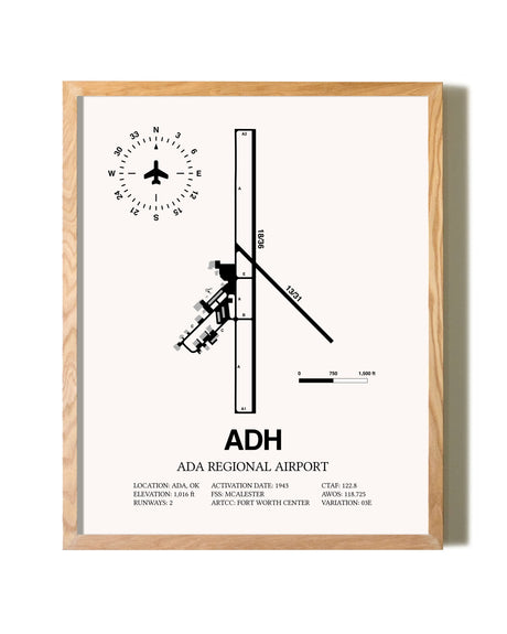 Ada Regional Airport framed print in natural wood frame