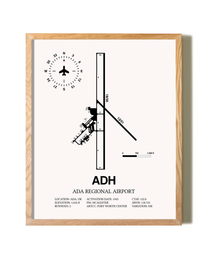 Ada Regional Airport framed print in natural wood frame