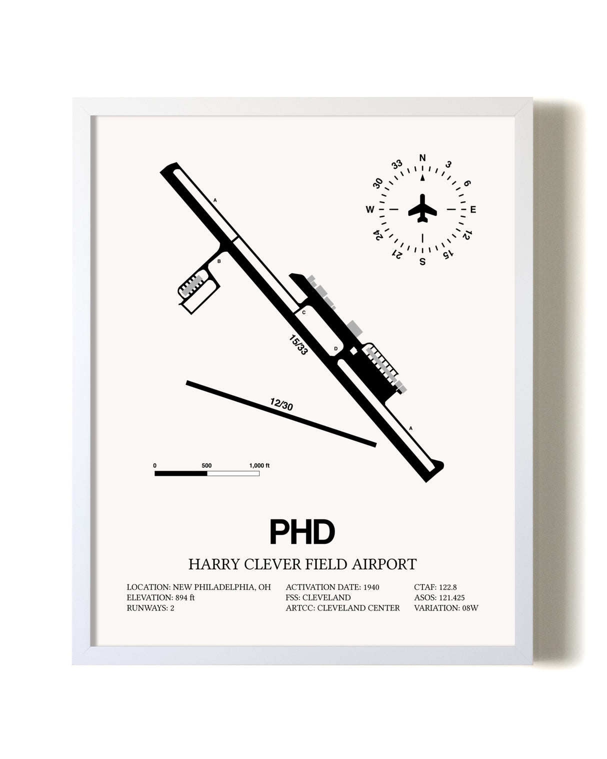 Harry Clever Field Airport airport map poster in oak frame