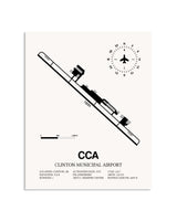 Gray Clinton Municipal Airport framed poster displayed in an airplane hangar