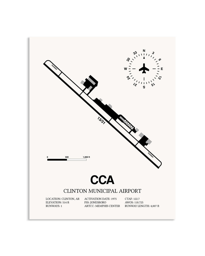 Gray Clinton Municipal Airport framed poster displayed in an airplane hangar