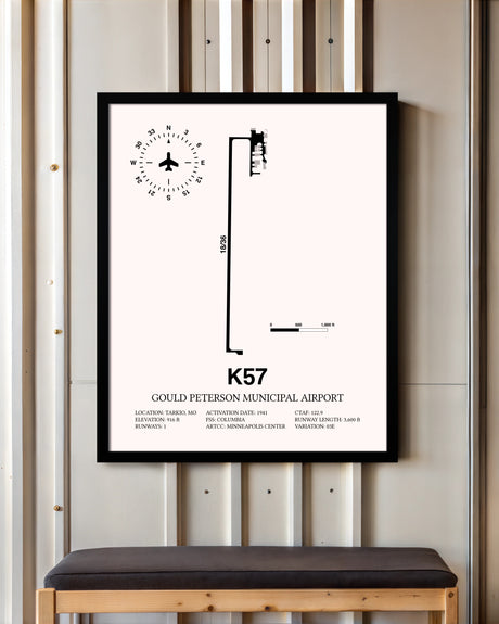 Gould Peterson Municipal Airport framed poster displayed in an airplane hangar