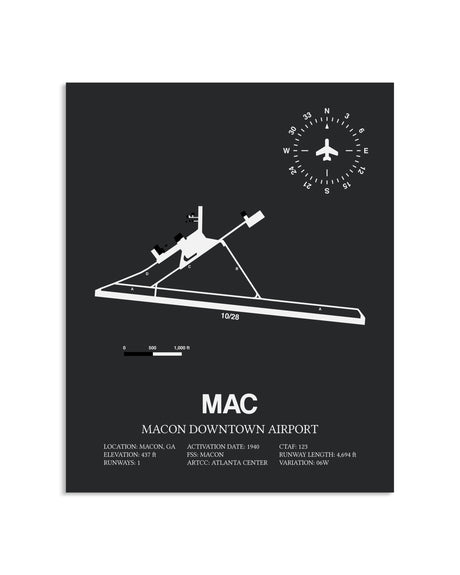 Gray Framed Macon Downtown Airport layout wall art poster