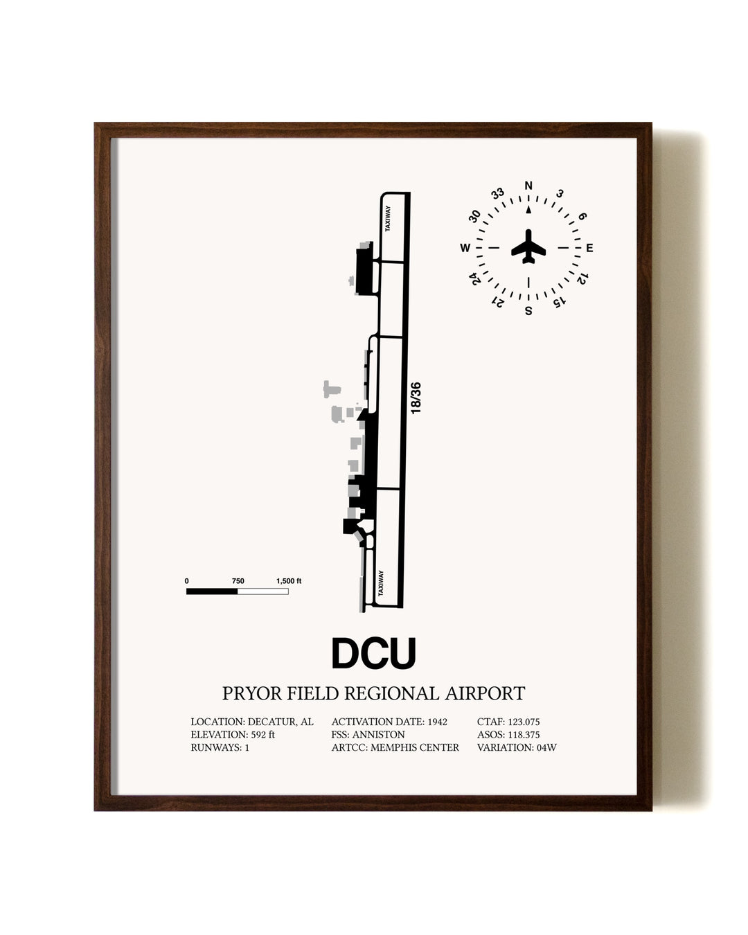 Pryor Field Regional Airport aviation print in walnut frame