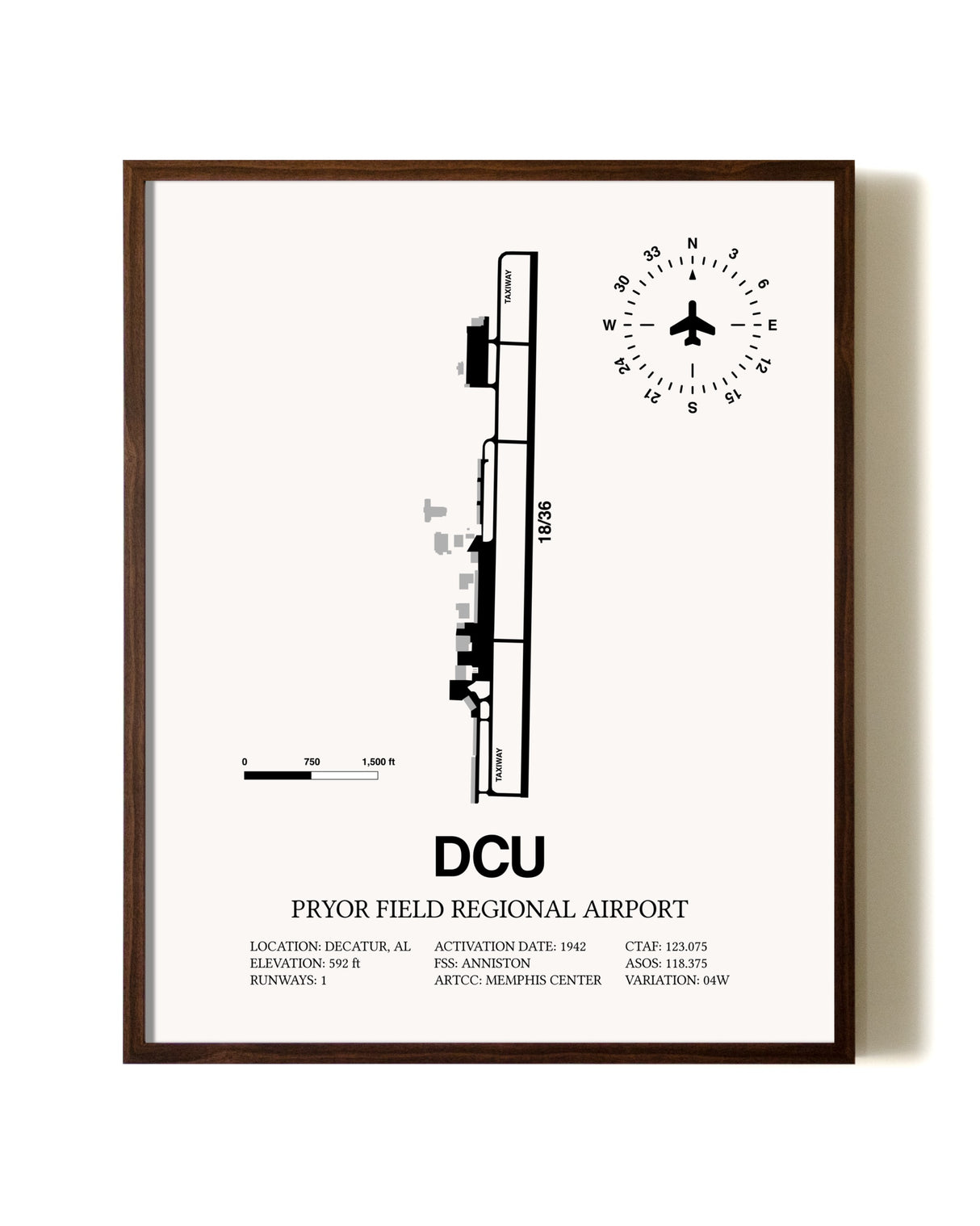 Pryor Field Regional Airport aviation print in walnut frame