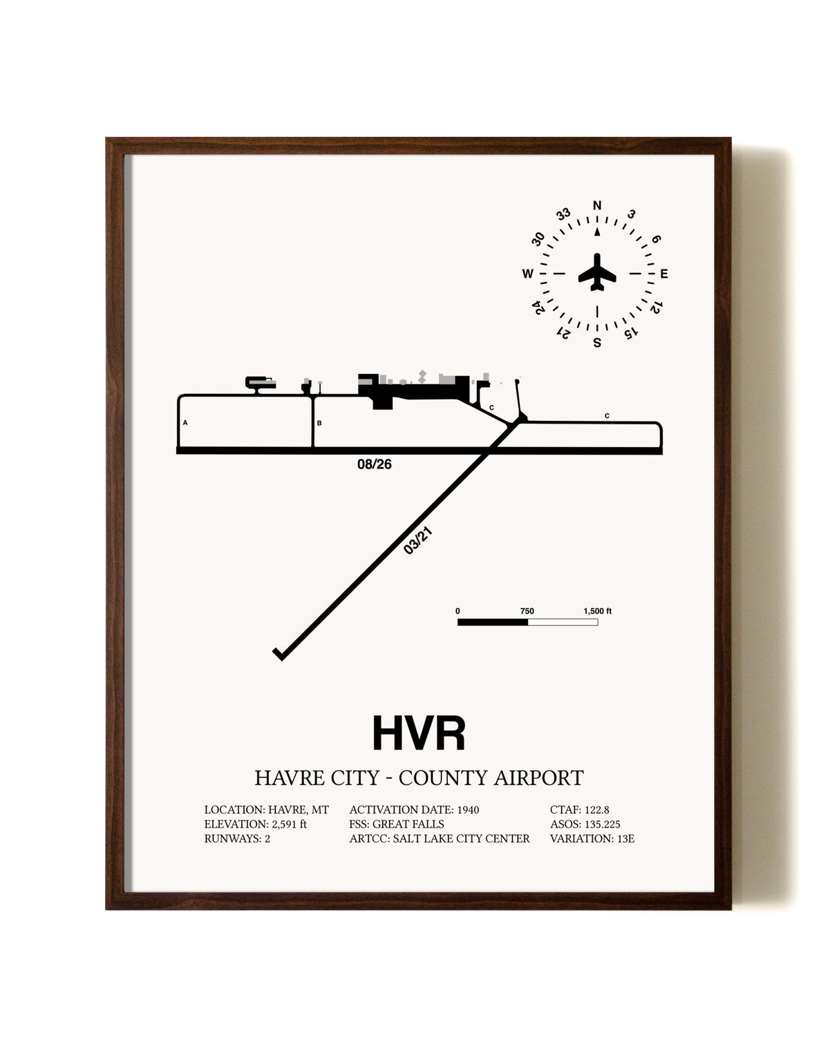 Havre City-County Airport aviation print in walnut frame