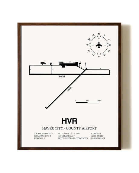 Havre City-County Airport aviation print in walnut frame