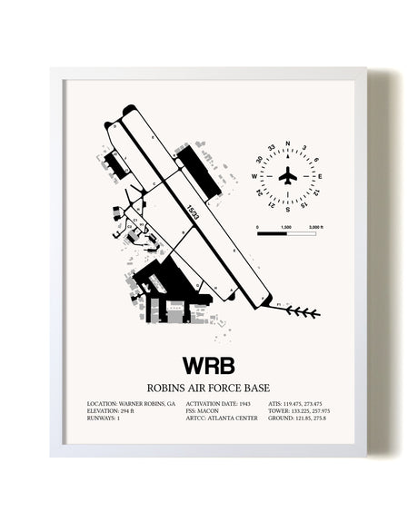 Robins Air Force Base airport map poster in oak frame