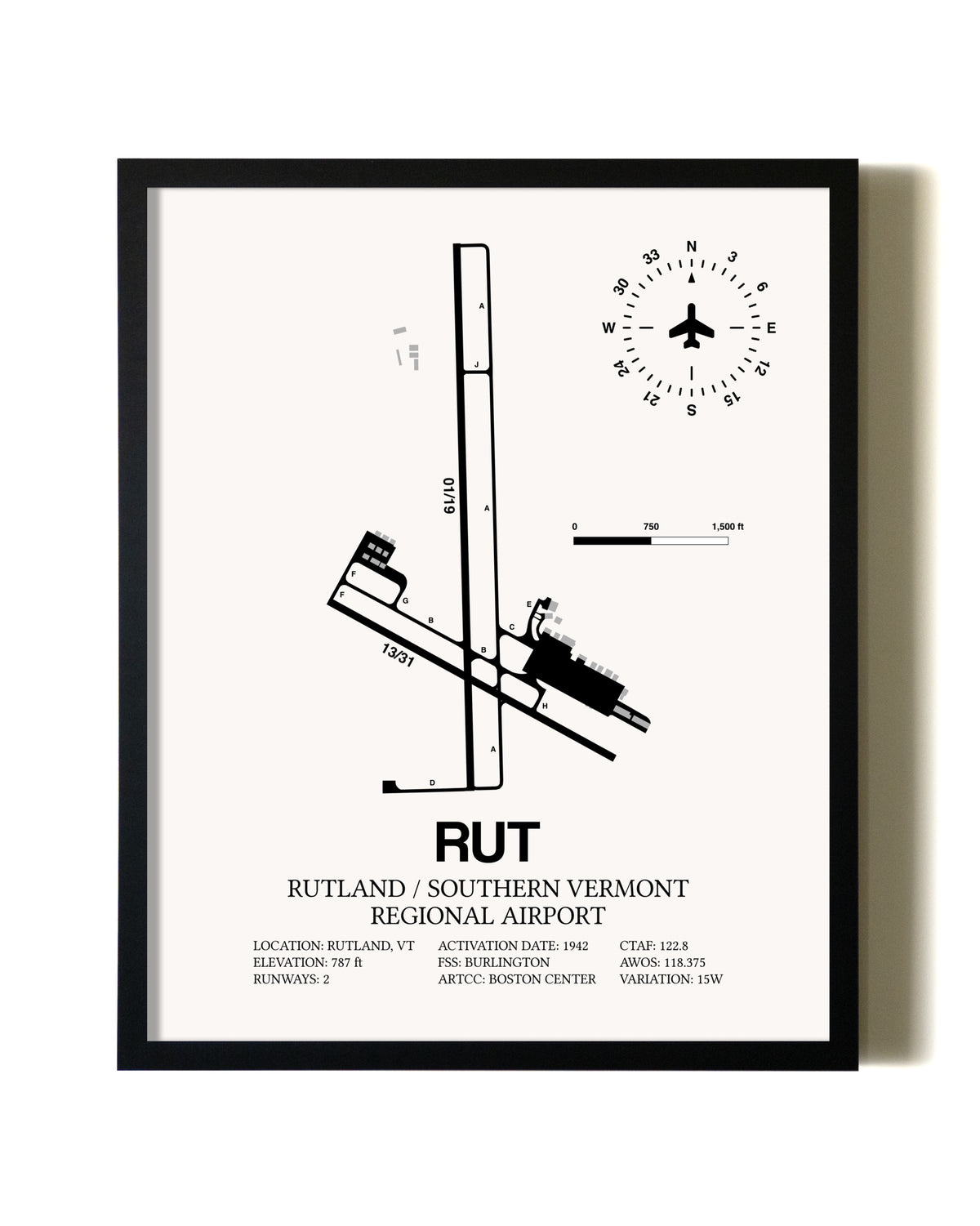 Framed Rutland / Southern Vermont Regional Airport wall art poster in black frame