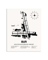 Gray Hollywood Burbank Airport framed poster displayed in an airplane hangar