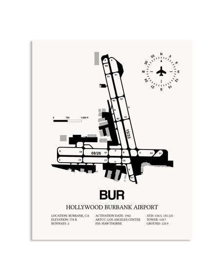 Gray Hollywood Burbank Airport framed poster displayed in an airplane hangar