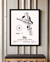 Easterwood Field Airport framed poster displayed in an airplane hangar