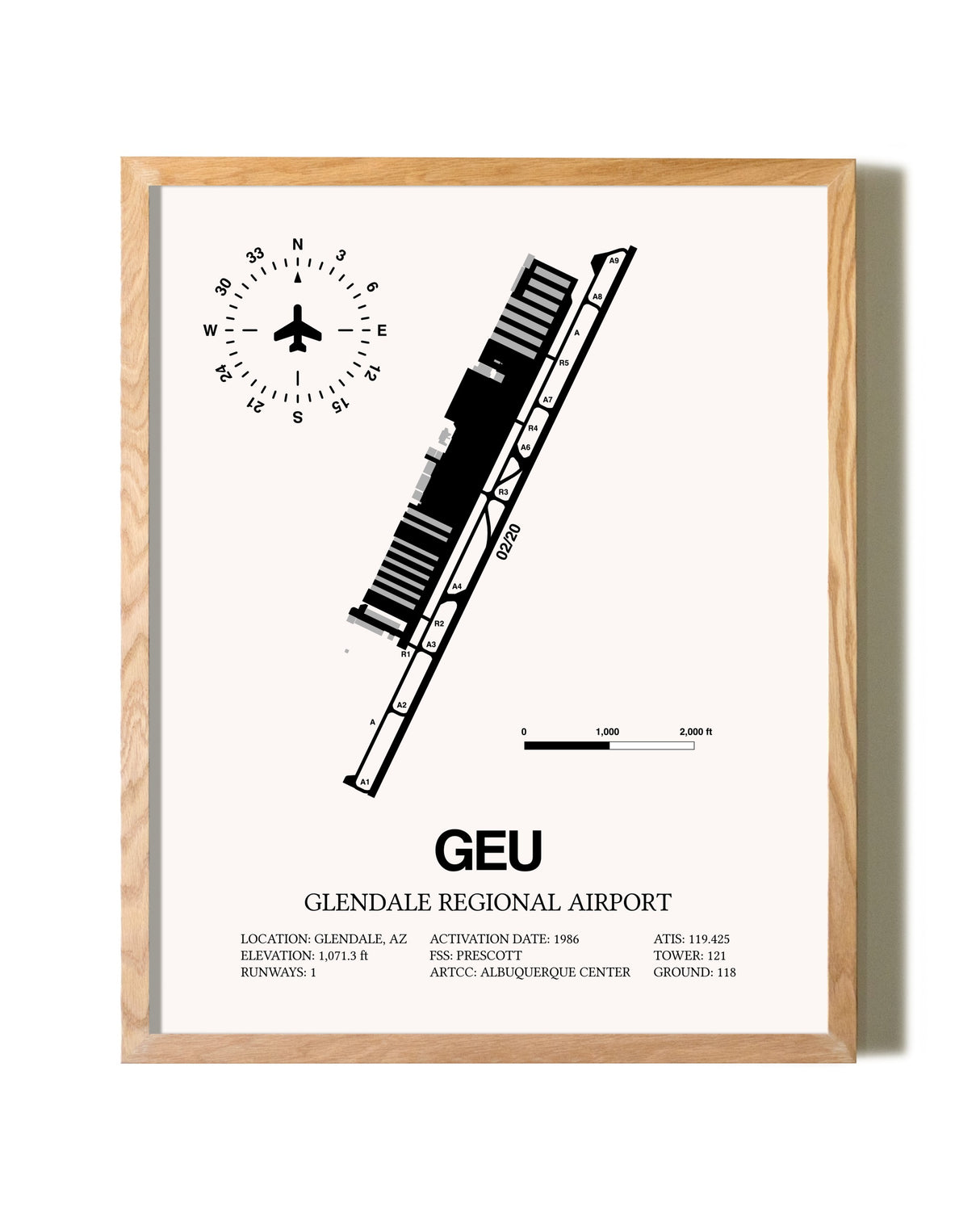 Glendale Regional Airport framed print in natural wood frame