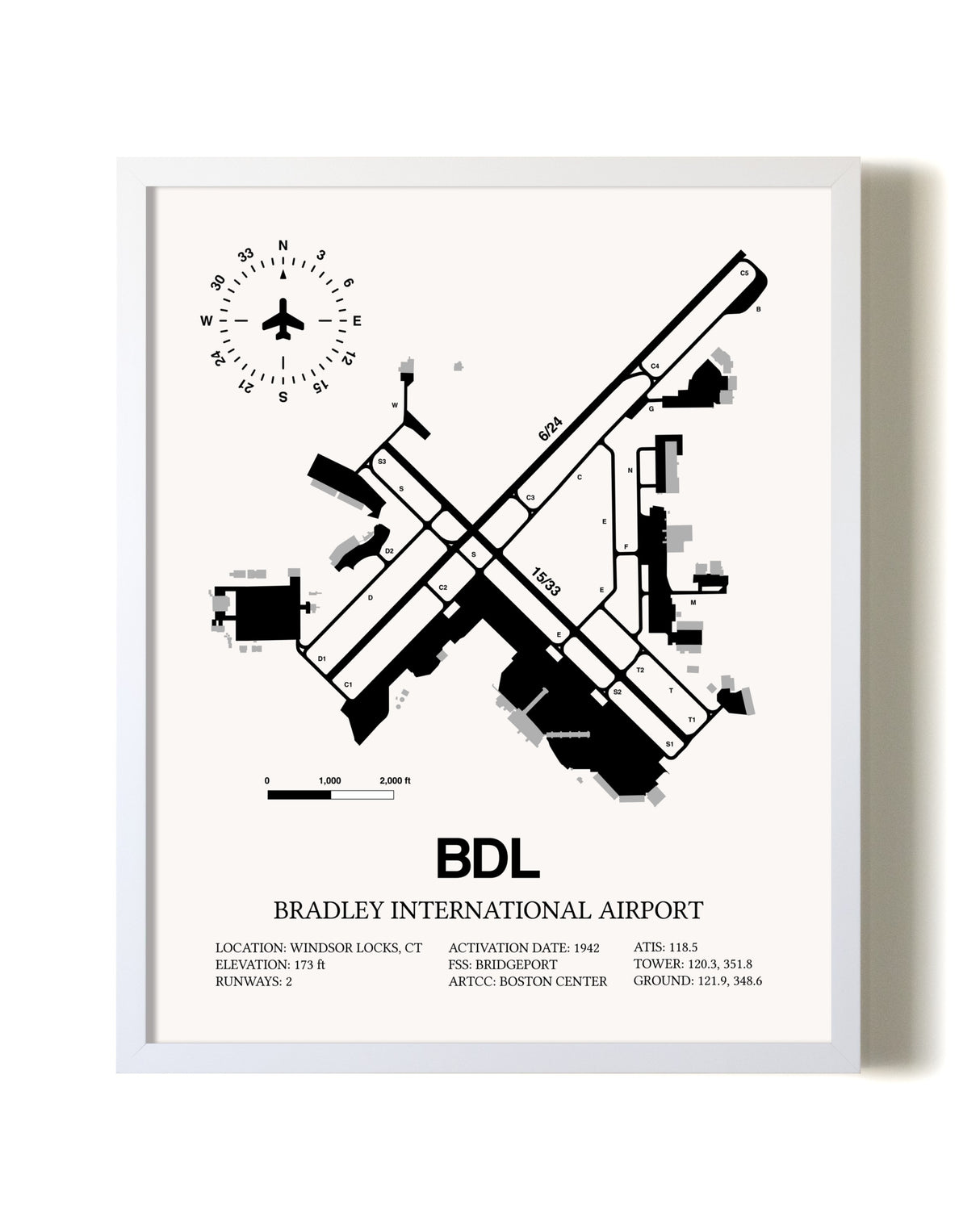 Bradley International Airport airport map poster in oak frame