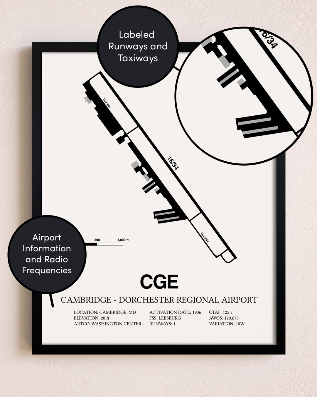 Framed Cambridge-Dorchester Regional Airport layout wall art poster