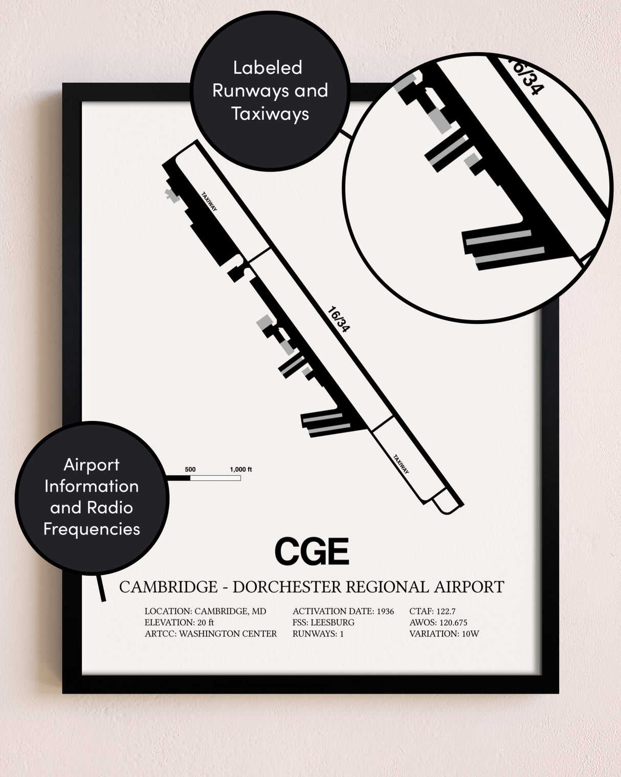 Framed Cambridge-Dorchester Regional Airport layout wall art poster