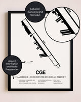 Framed Cambridge-Dorchester Regional Airport layout wall art poster