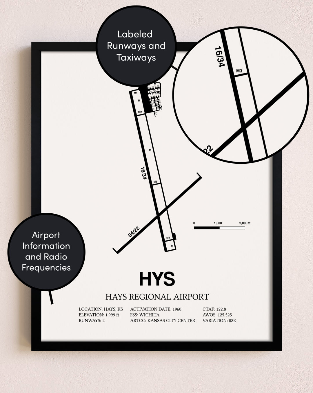 Framed Hays Regional Airport layout wall art poster