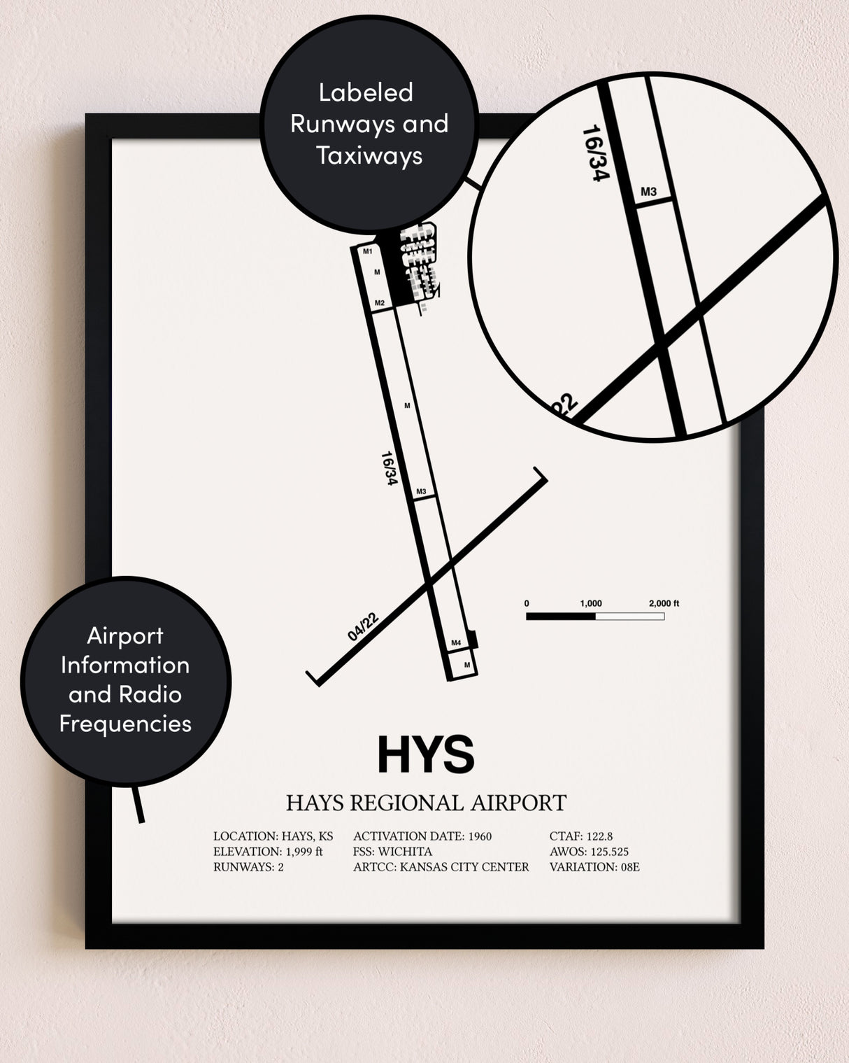 Framed Hays Regional Airport layout wall art poster