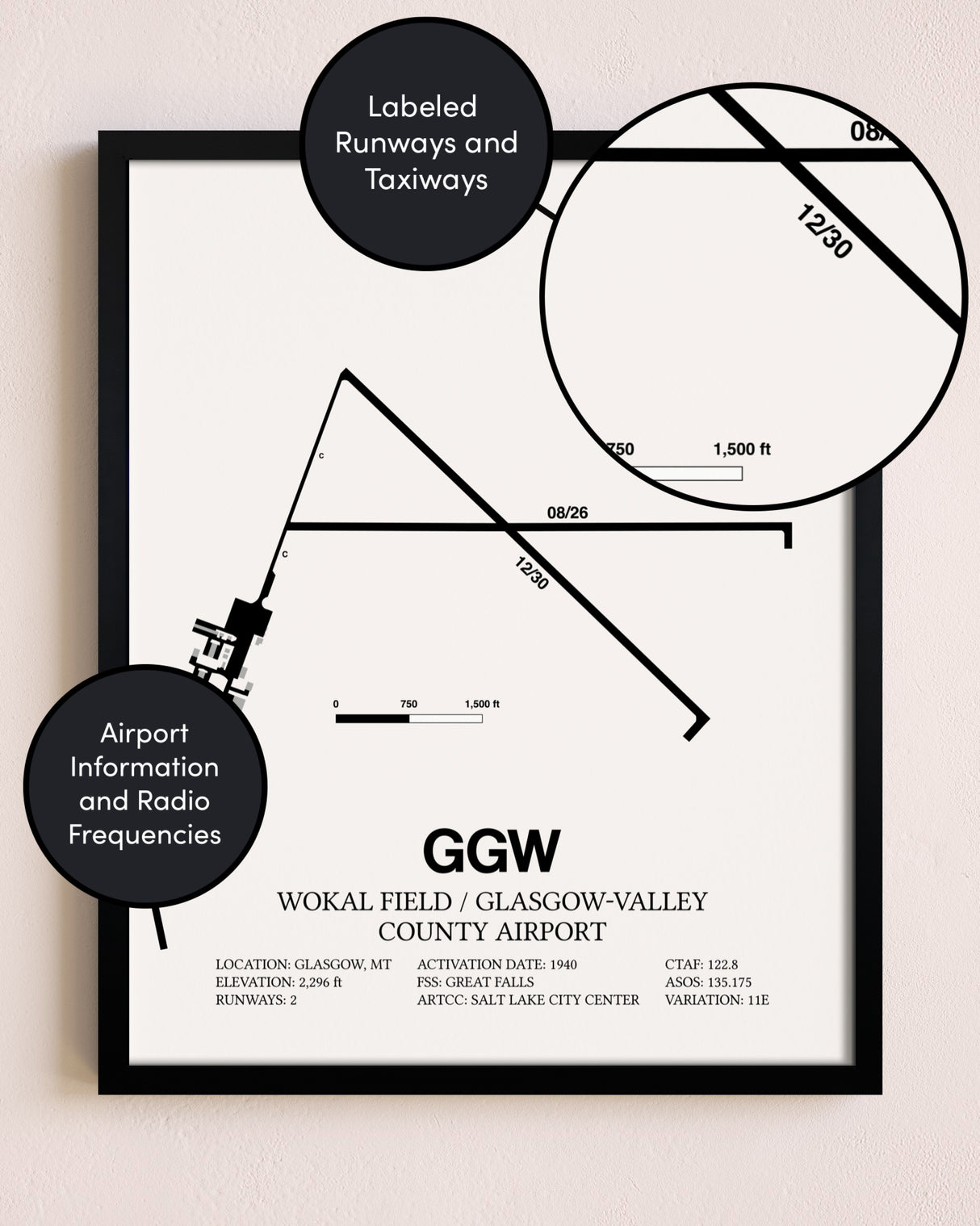 Framed Wokal Field / Glasgow-Valley County Airport layout wall art poster