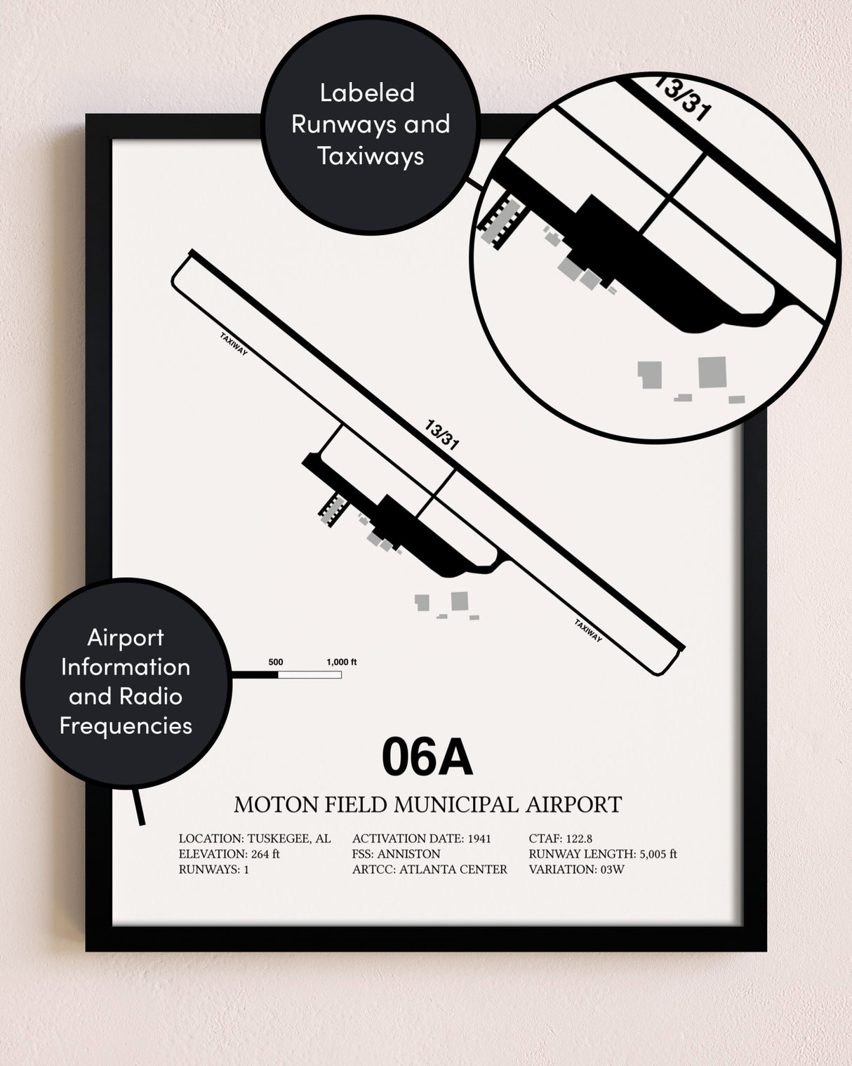Framed Moton Field Municipal Airport layout wall art poster
