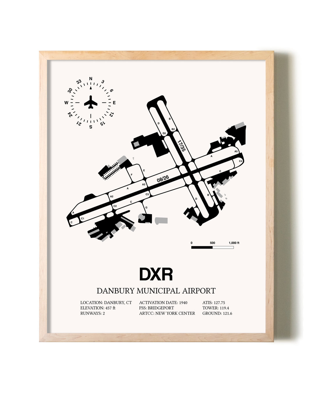 Danbury Municipal Airport framed wall art in white frame