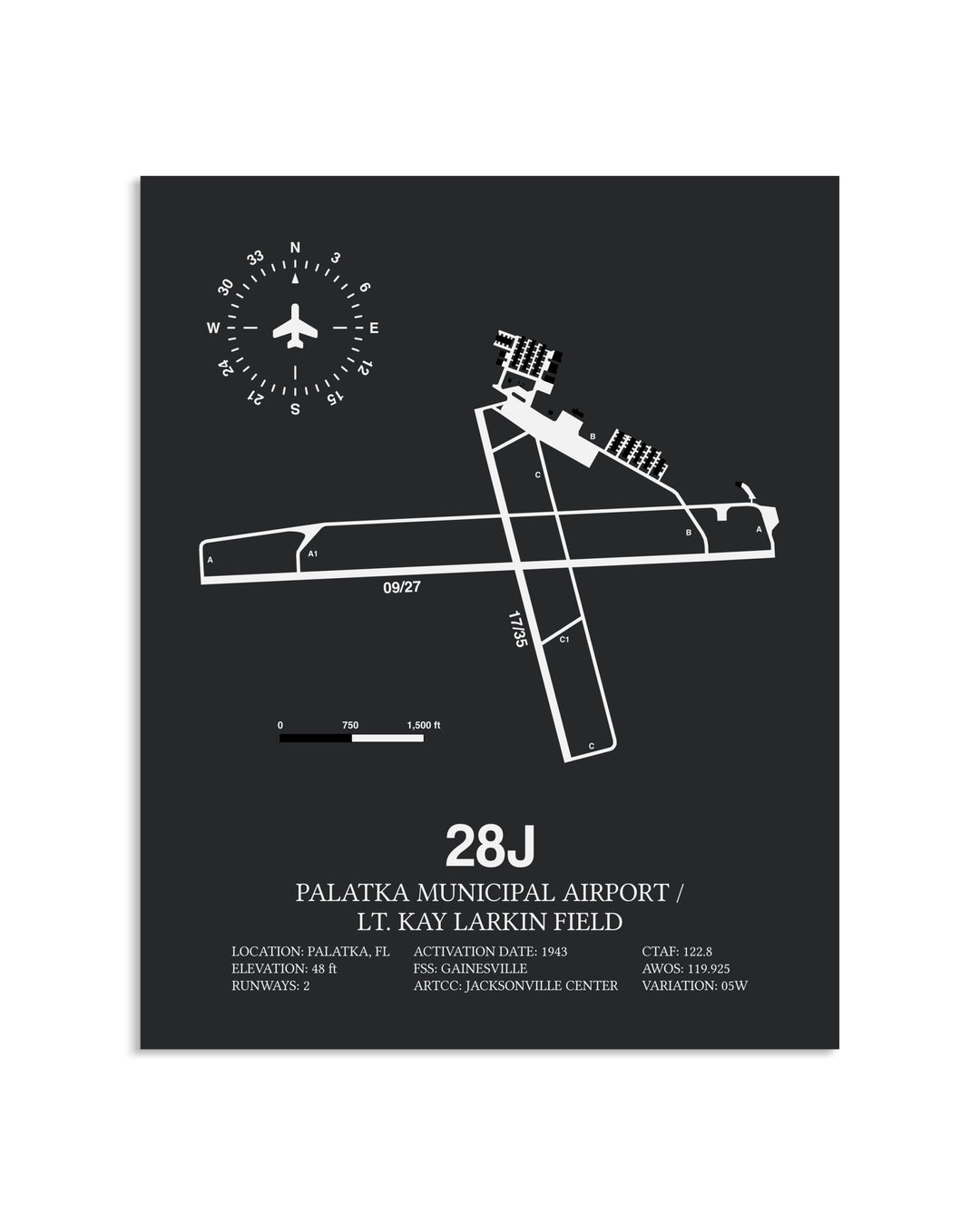 Gray Framed Palatka Municipal Airport / Lt. Kay Larkin Field layout wall art poster