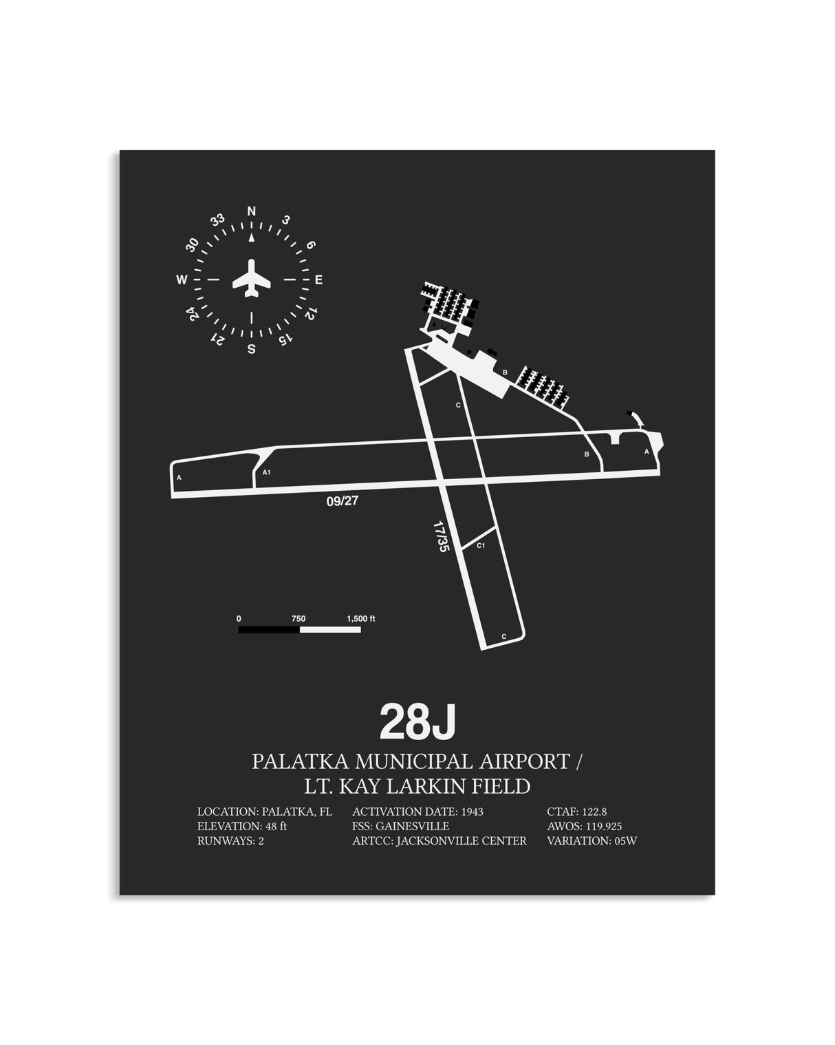 Gray Framed Palatka Municipal Airport / Lt. Kay Larkin Field layout wall art poster