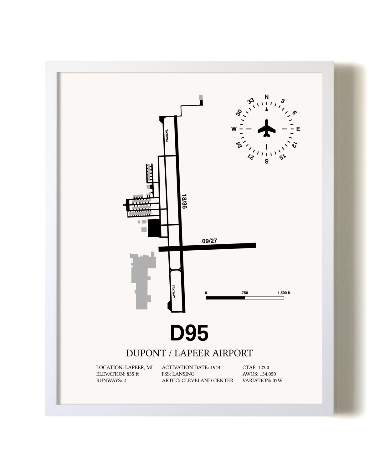 Dupont / Lapeer Airport airport map poster in oak frame