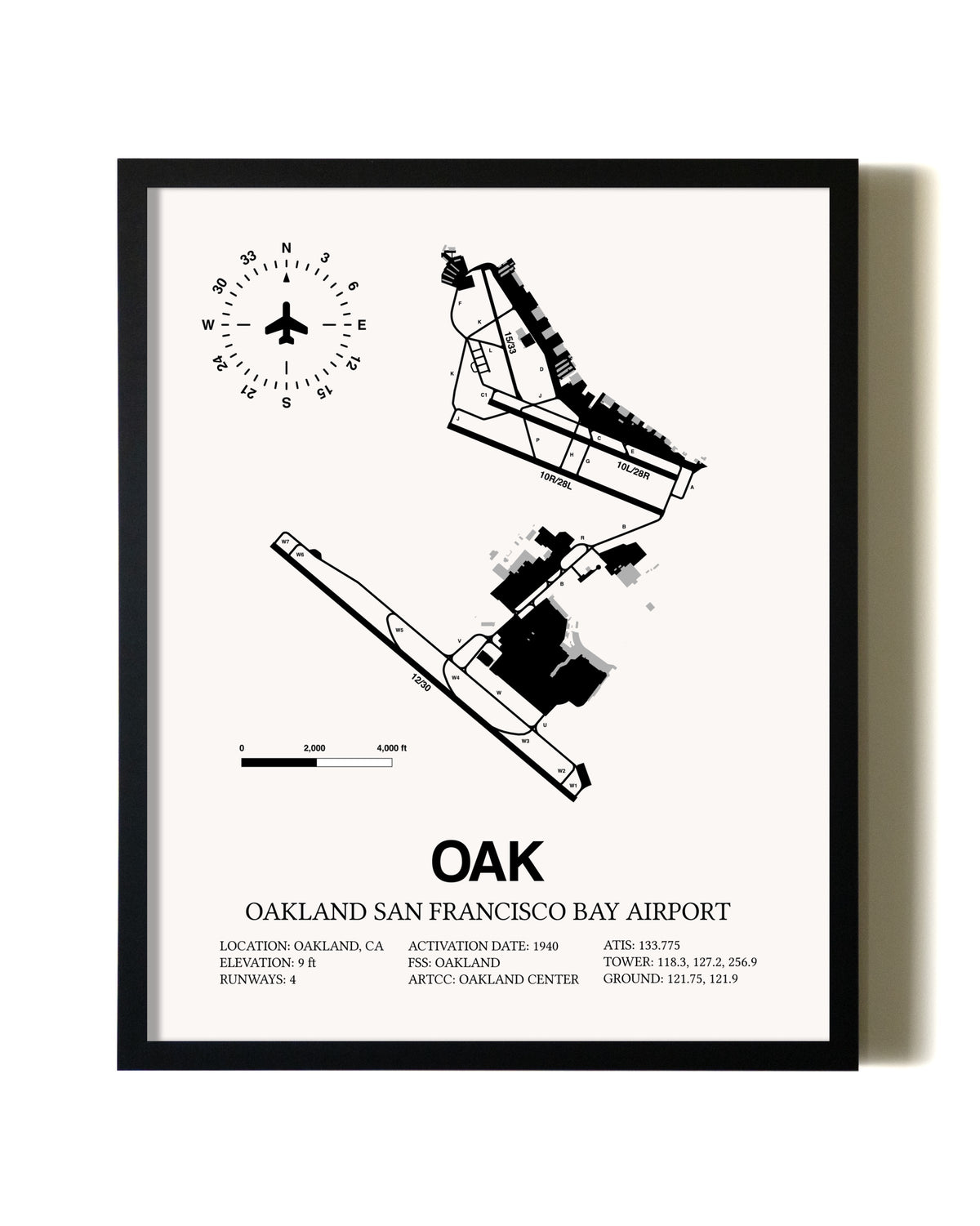 Framed San Francisco Bay Oakland International Airport wall art poster in black frame