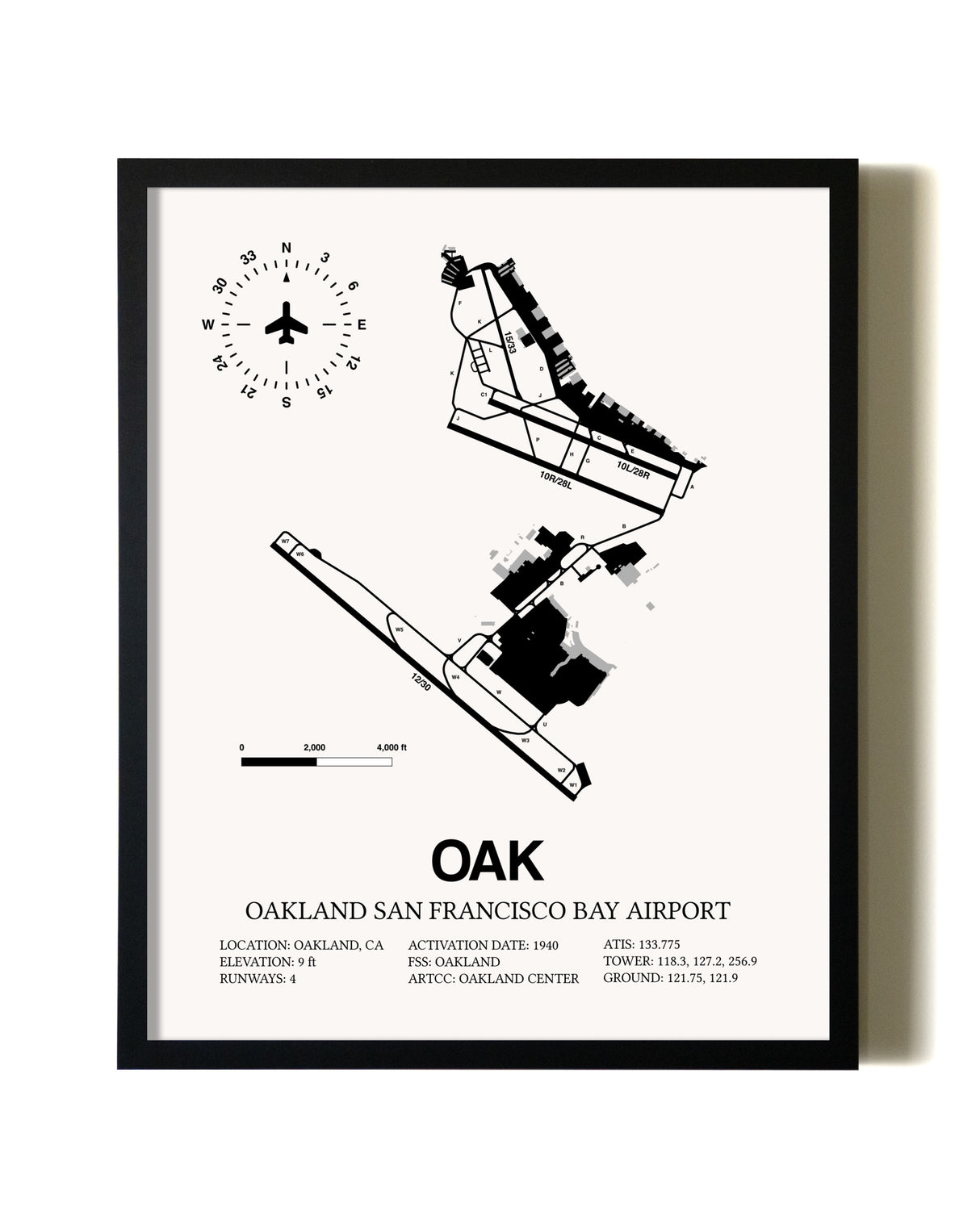 Framed San Francisco Bay Oakland International Airport wall art poster in black frame