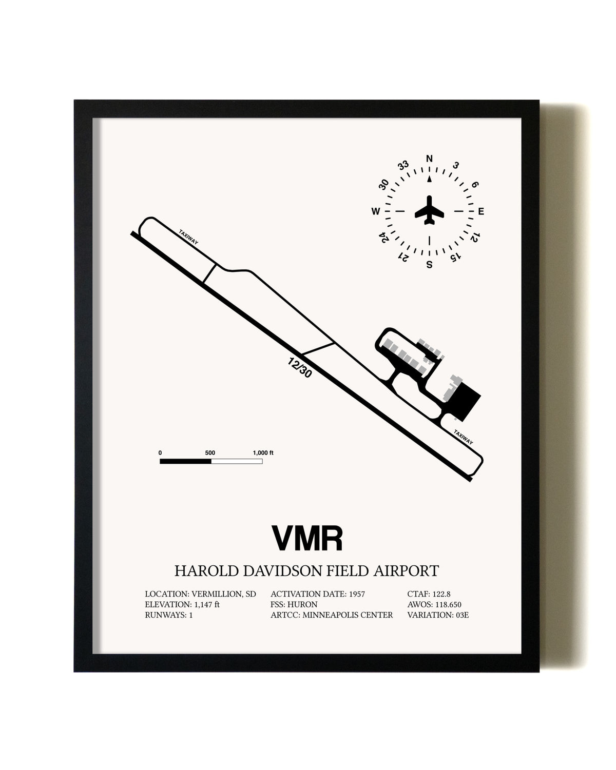 Framed Harold Davidson Field Airport wall art poster in black frame