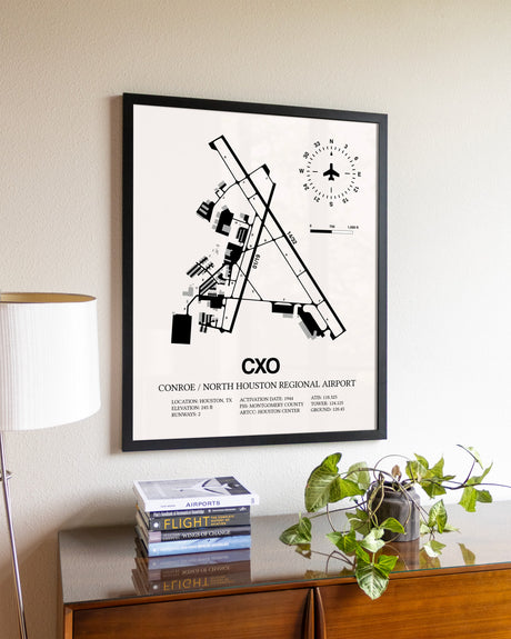 Conroe / North Houston Regional Airport aviation wall décor in black wood frame