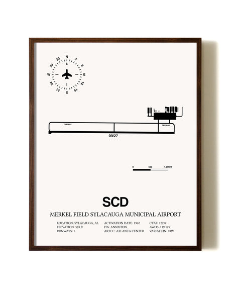 Merkel Field Sylacauga Municipal Airport aviation print in walnut frame