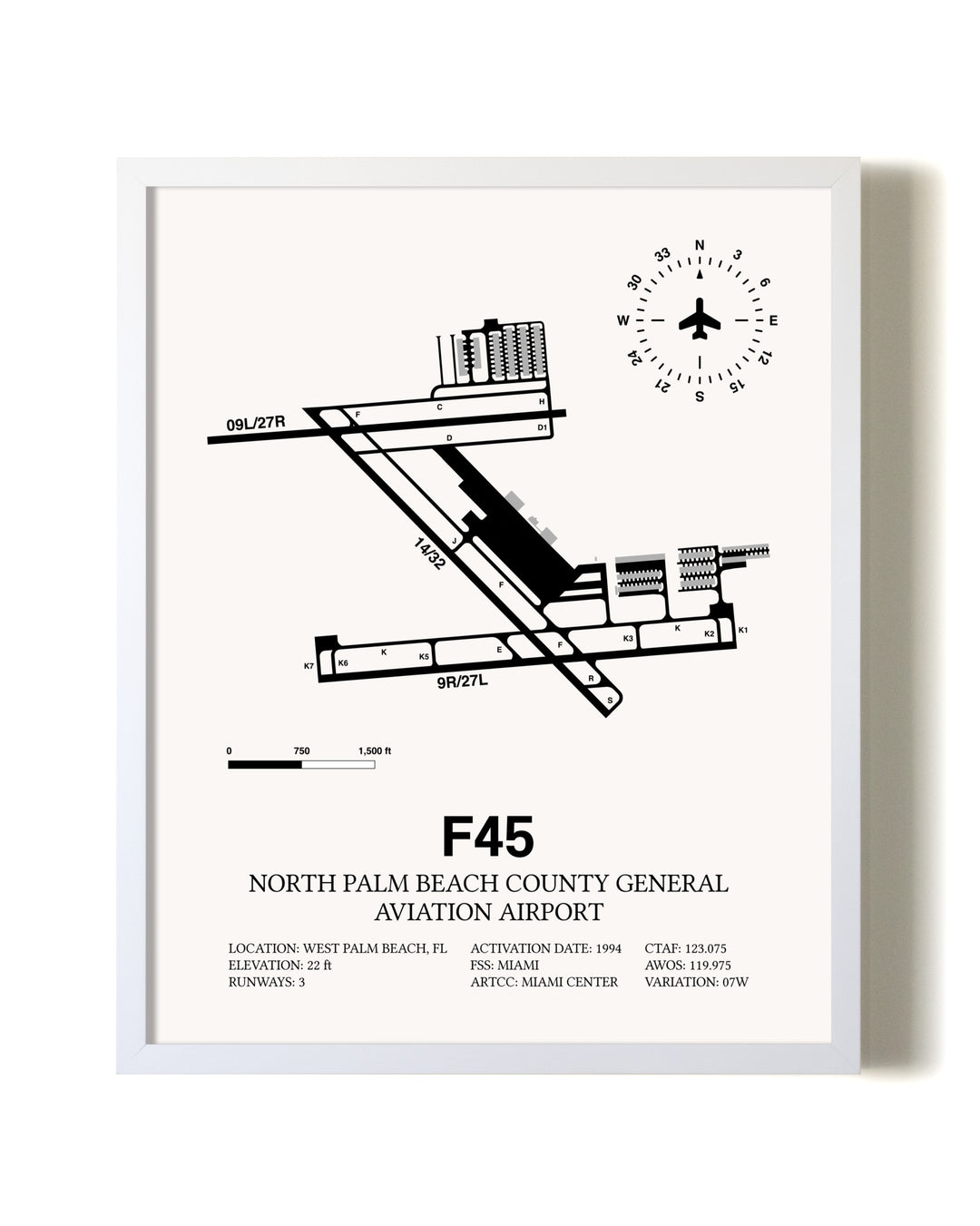 North Palm Beach County General Aviation Airport airport map poster in oak frame
