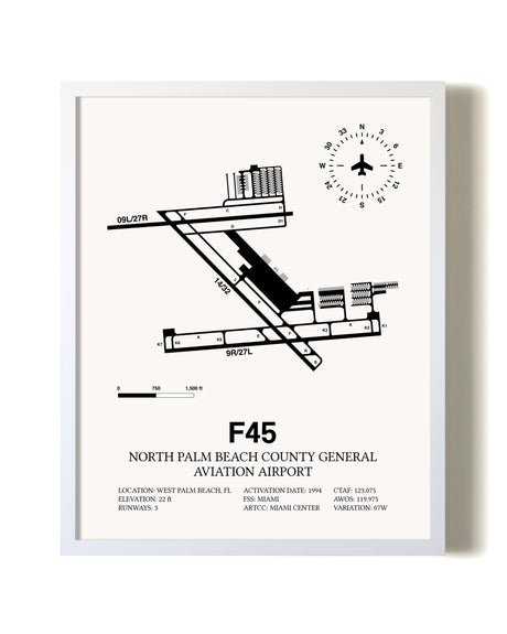North Palm Beach County General Aviation Airport airport map poster in oak frame