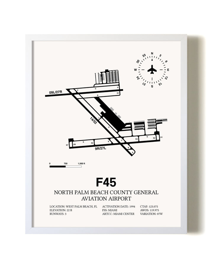 North Palm Beach County General Aviation Airport airport map poster in oak frame